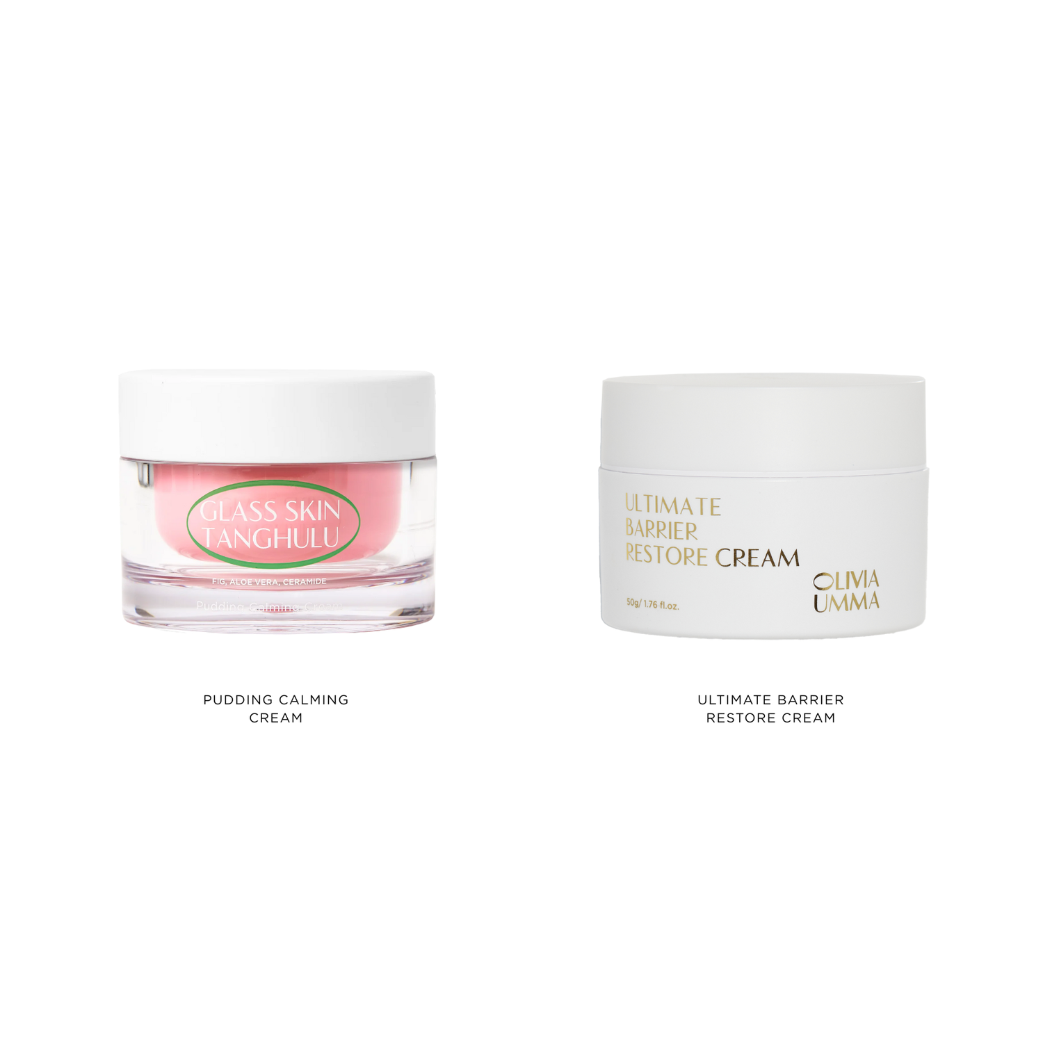 Two jars of skincare cream from oliviaumma on a white background