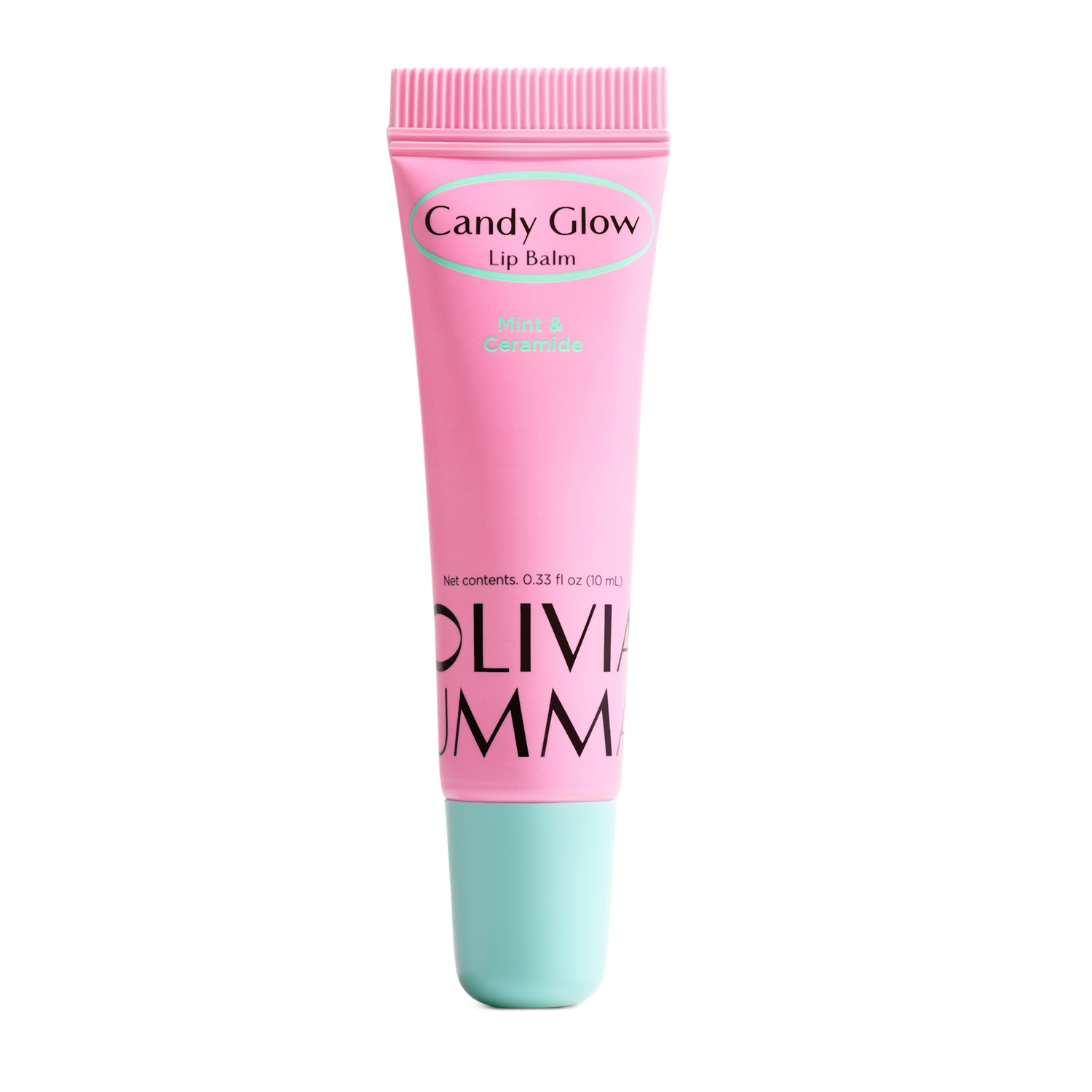 Pink lip balm tube with 'Candy Glow' and 'Olivia umma' branding on a white background