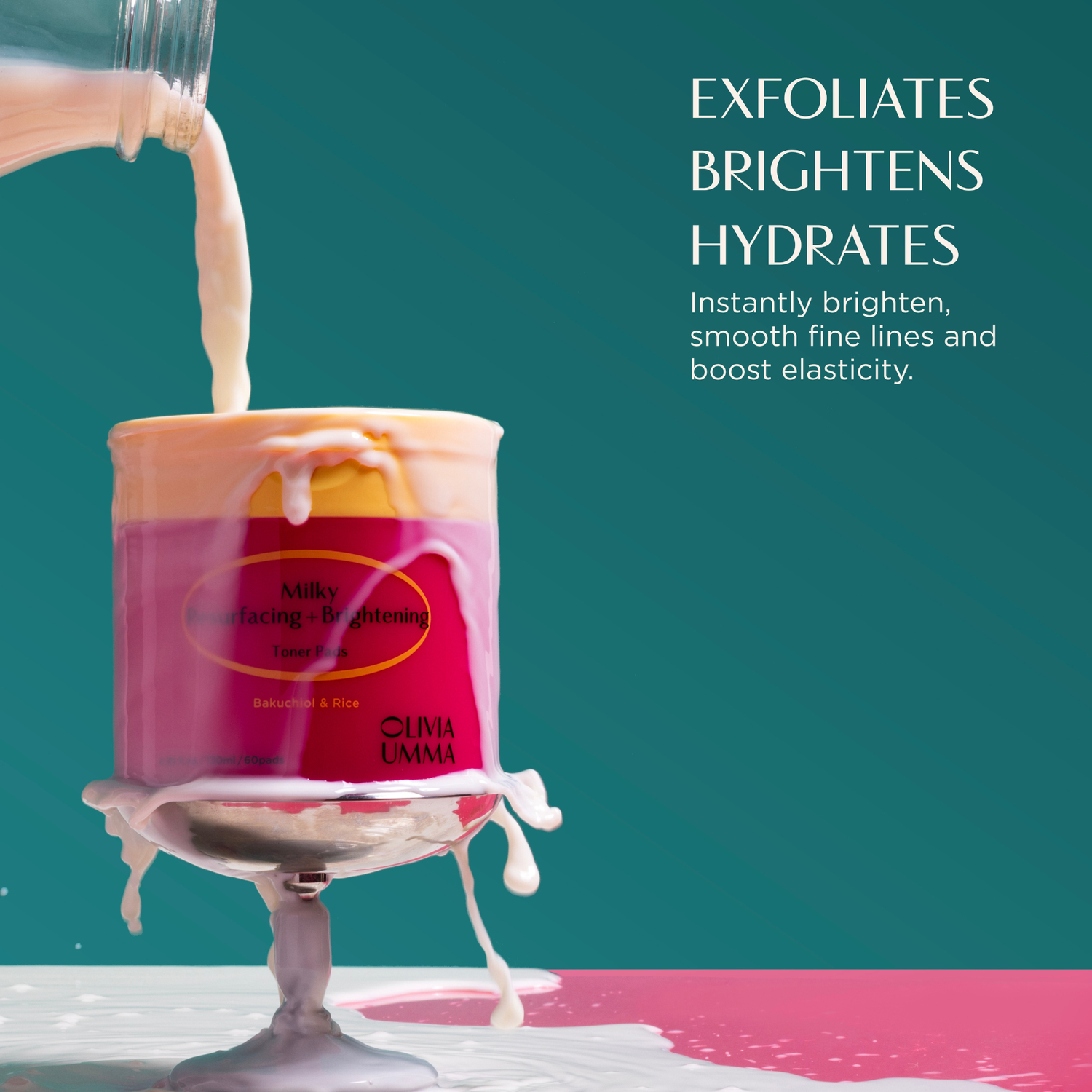 Product being poured into a container with text on a teal background