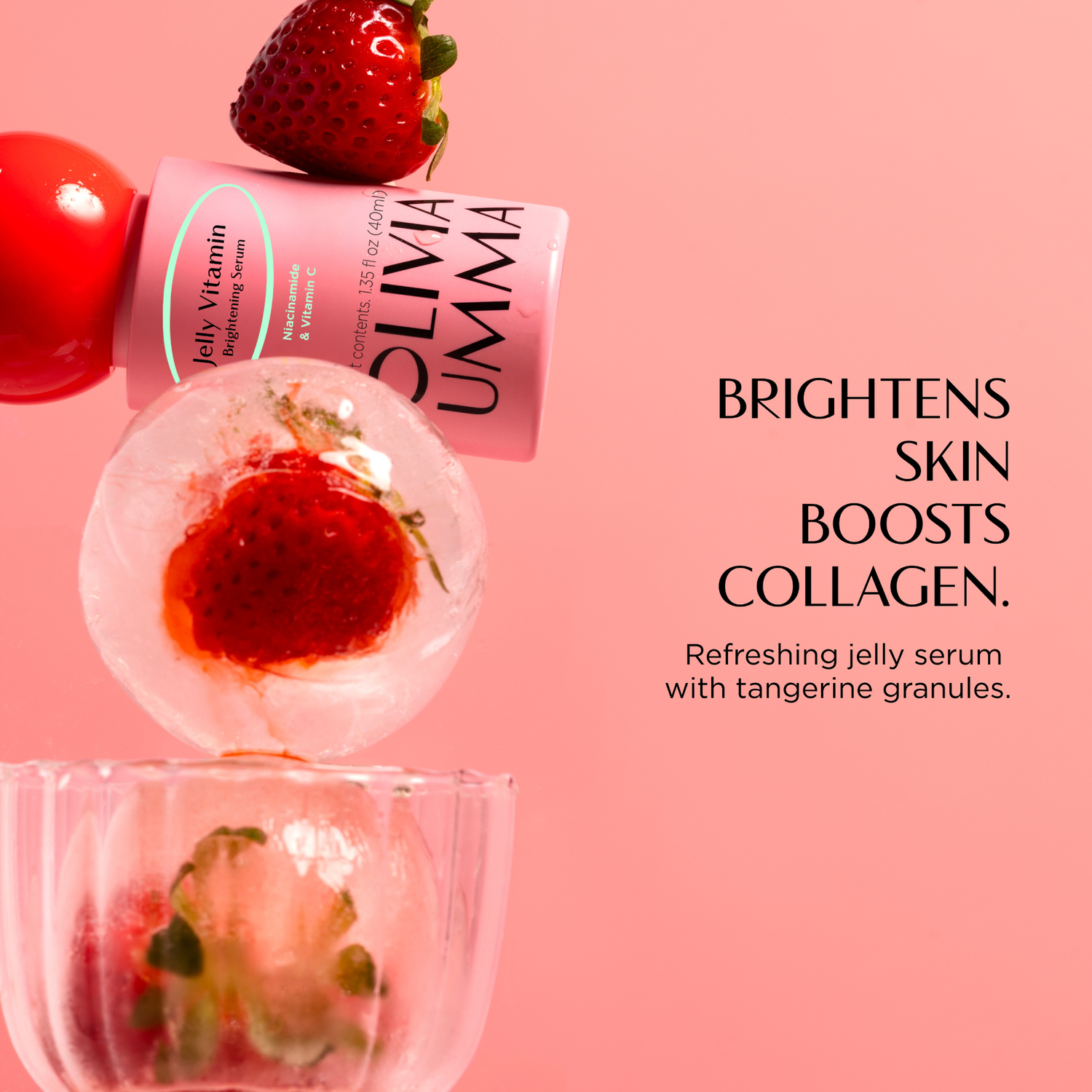 Oliviaumma jelly Vitamin serum with strawberry on a pink background