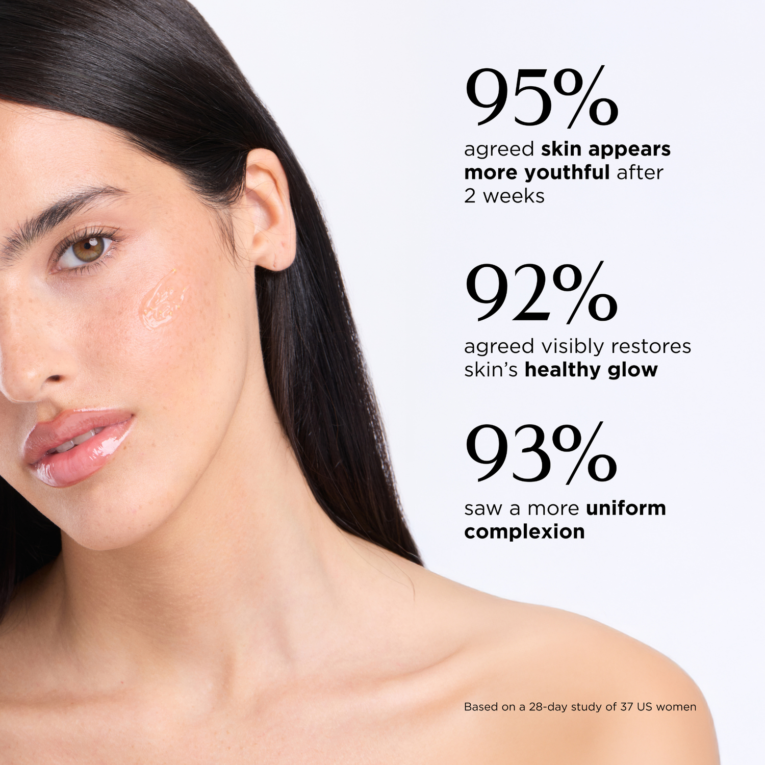 Woman with smooth skin showing skincare product effectiveness statistics.
