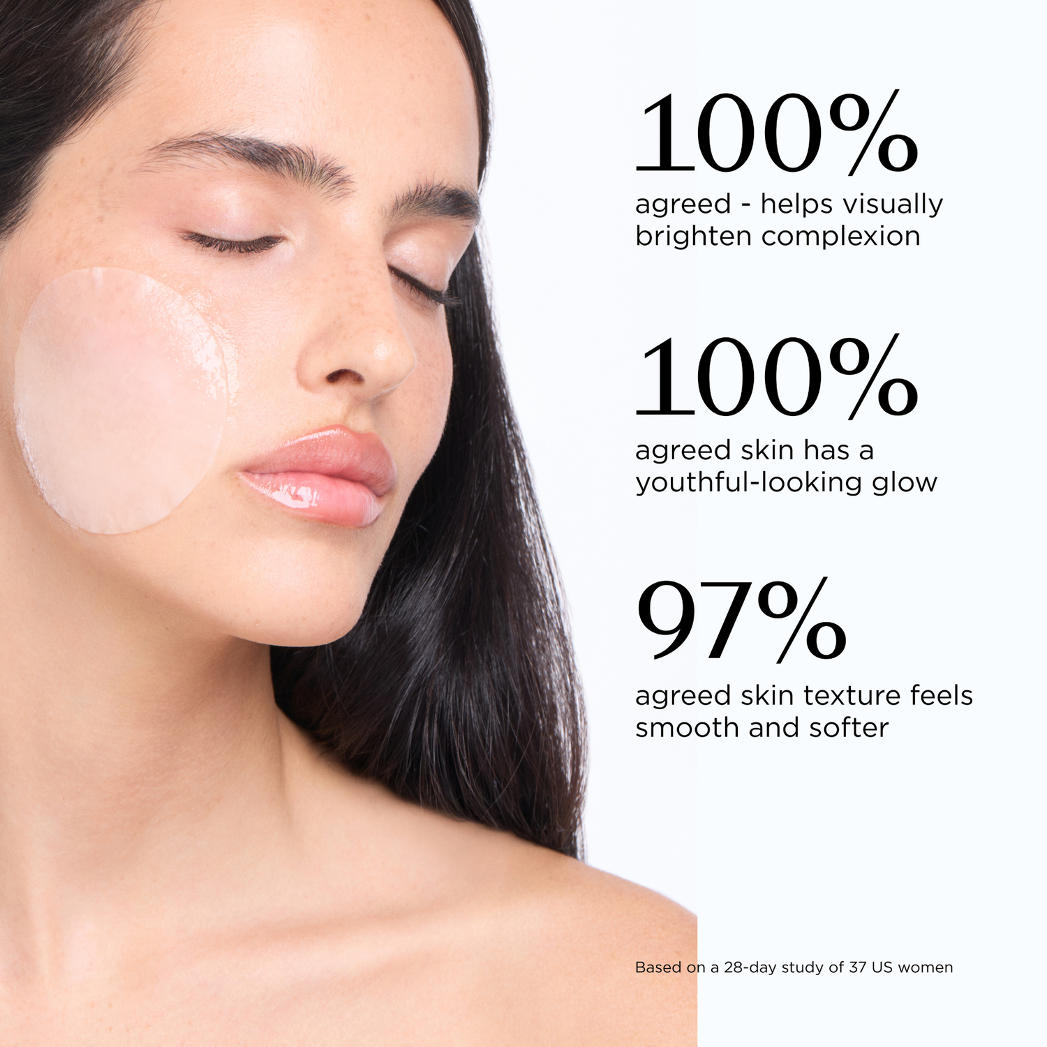 Woman with a skincare product on her face, with text about skin benefits.