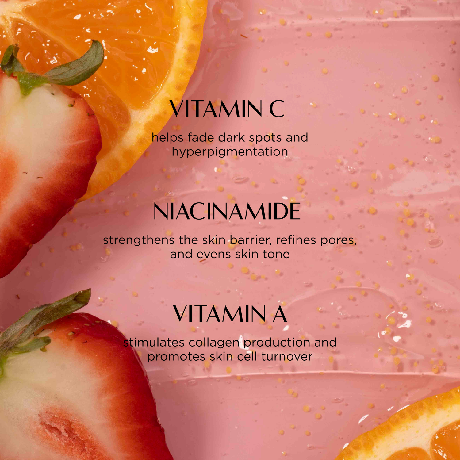 Fruit slices with skincare benefits text on a pink background