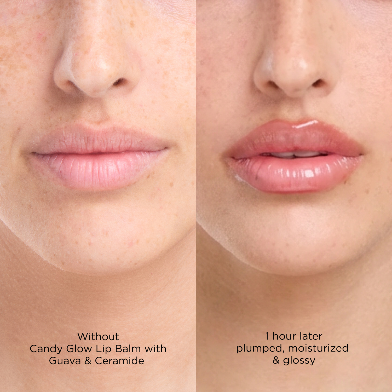 Before and after comparison of lips with Candy Glow Lip Balm on a beige background.