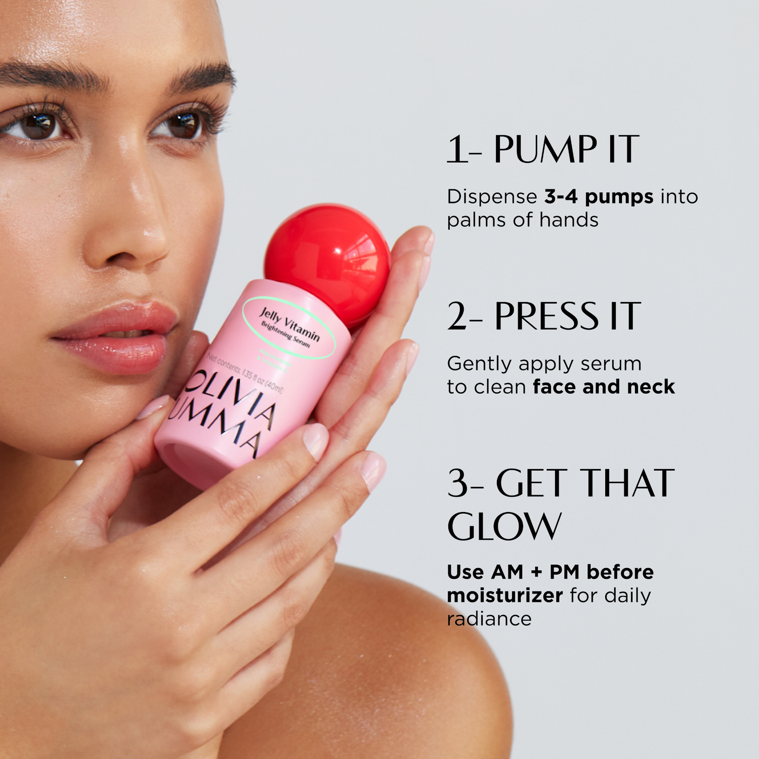 Woman holding a pink serum bottle with application instructions on a light gray background