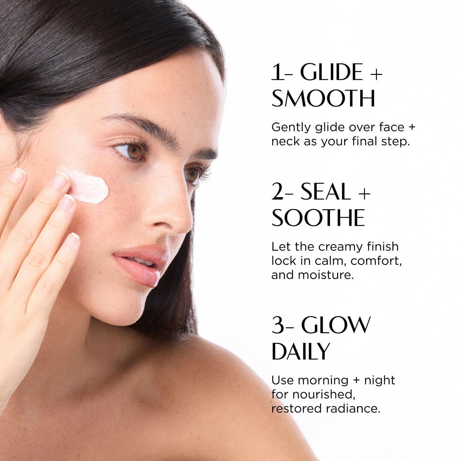 Woman applying cream to her face with skincare instructions on a white background