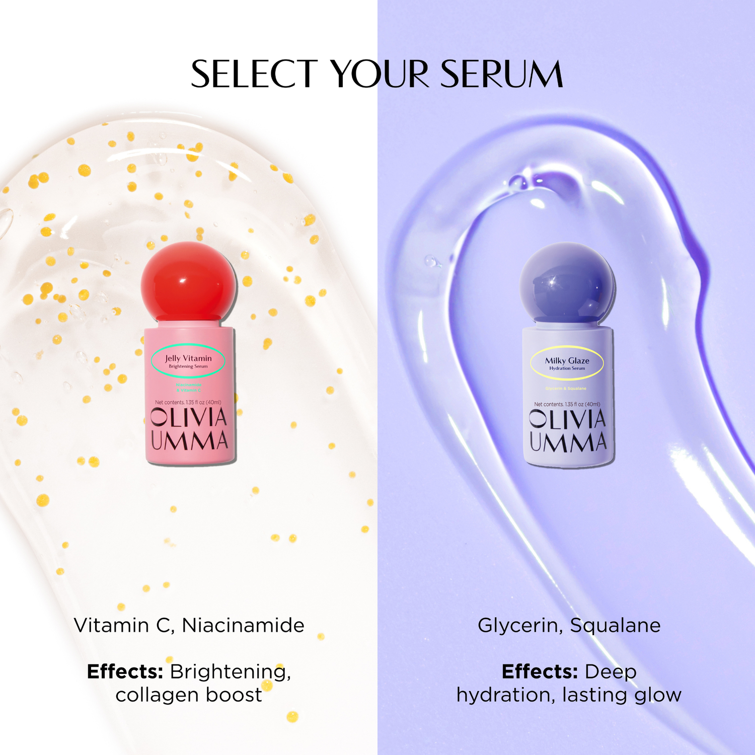 Two skincare serums with labels and effects on a white and purple background