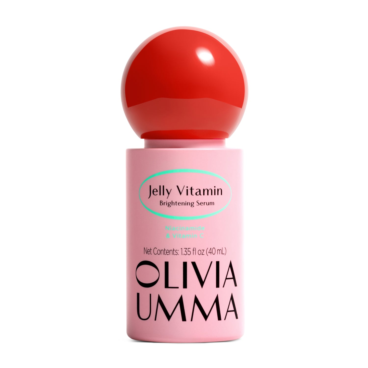 Pink serum bottle with red cap labeled 'Jelly Vitamin Brightening Serum' by Olivia Umma on a white background.