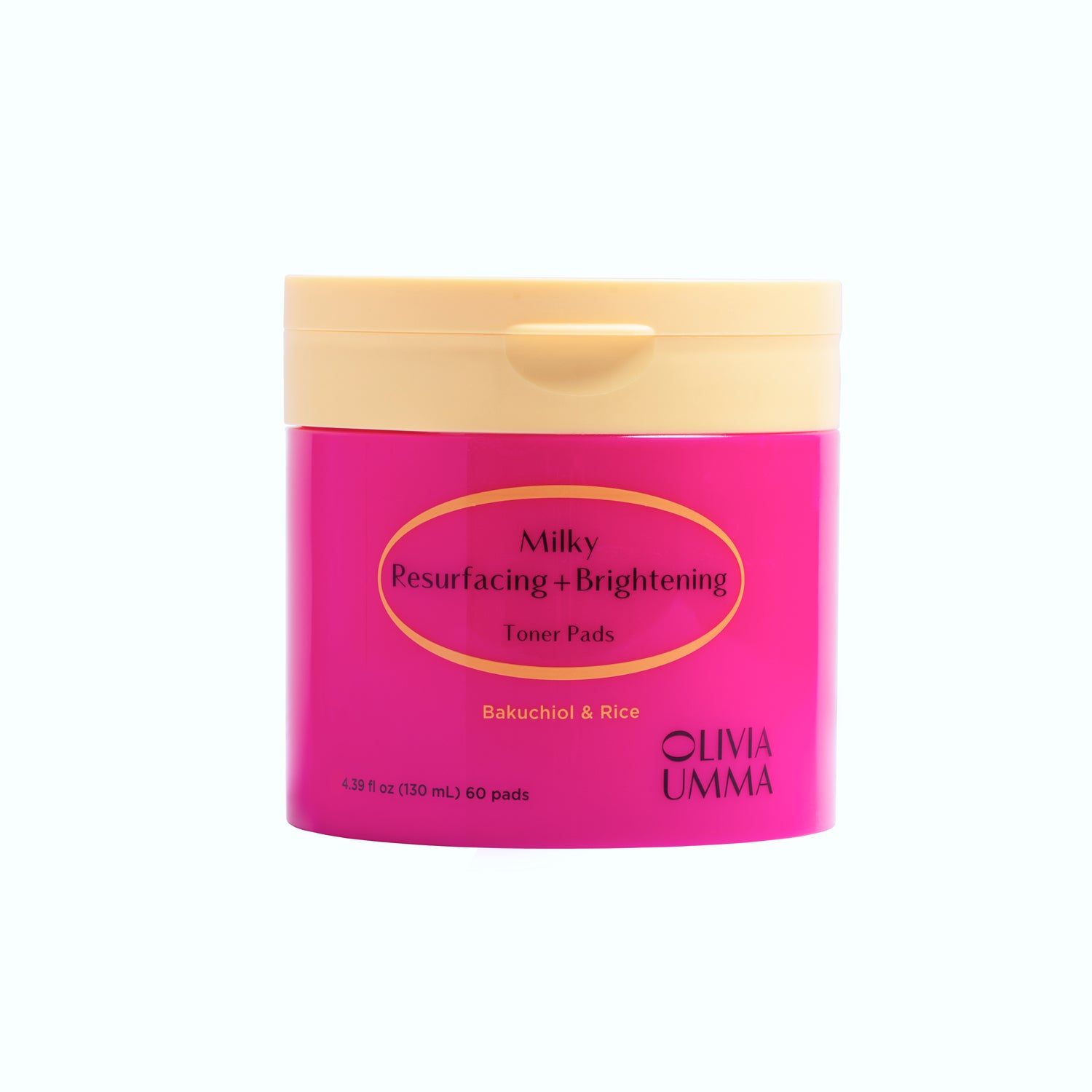Pink container of Olivia Umma toner pads with beige lid on a white background