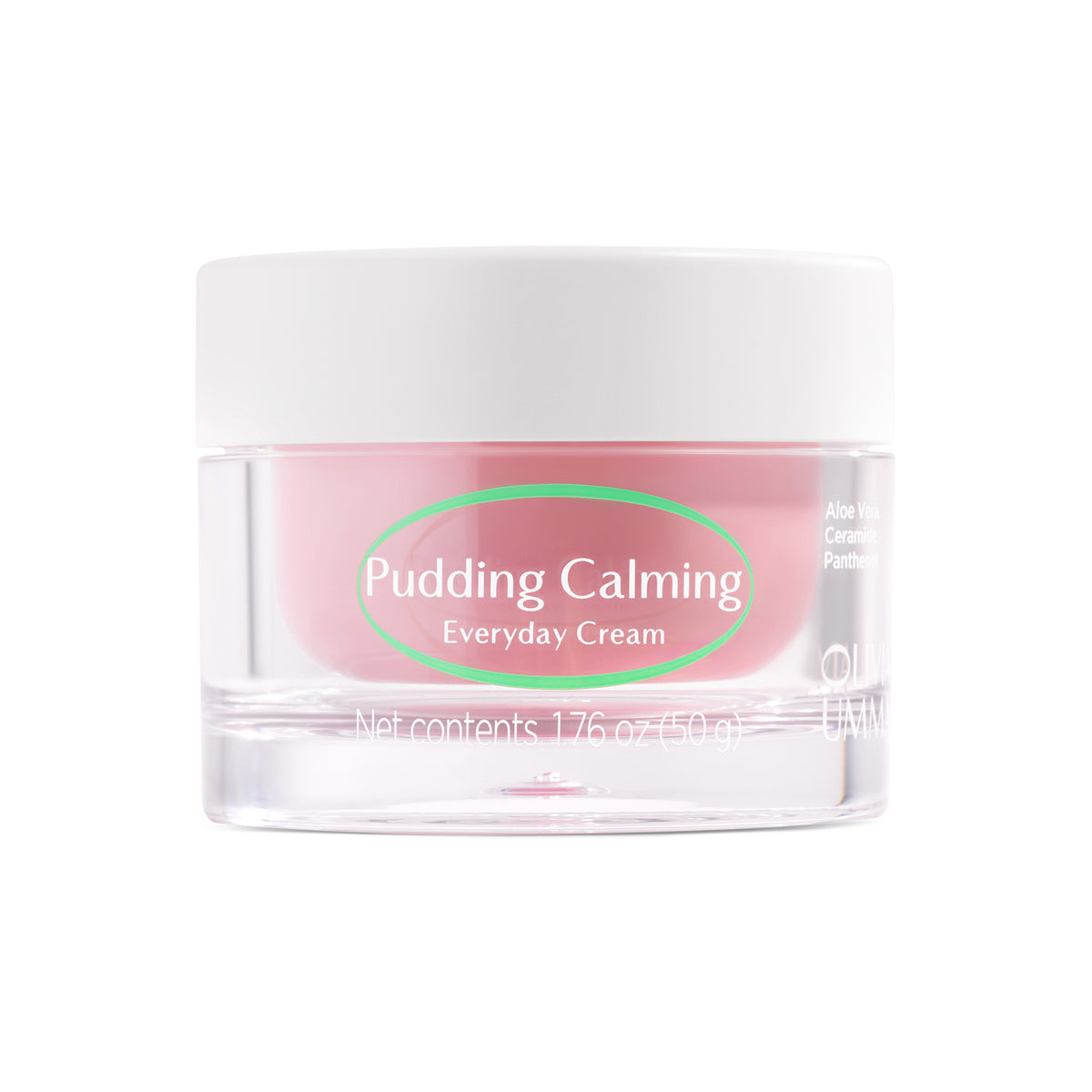 A jar of Pudding Calming Everyday Cream with a white lid and a clear container showing a pink cream inside, set against a plain white background.