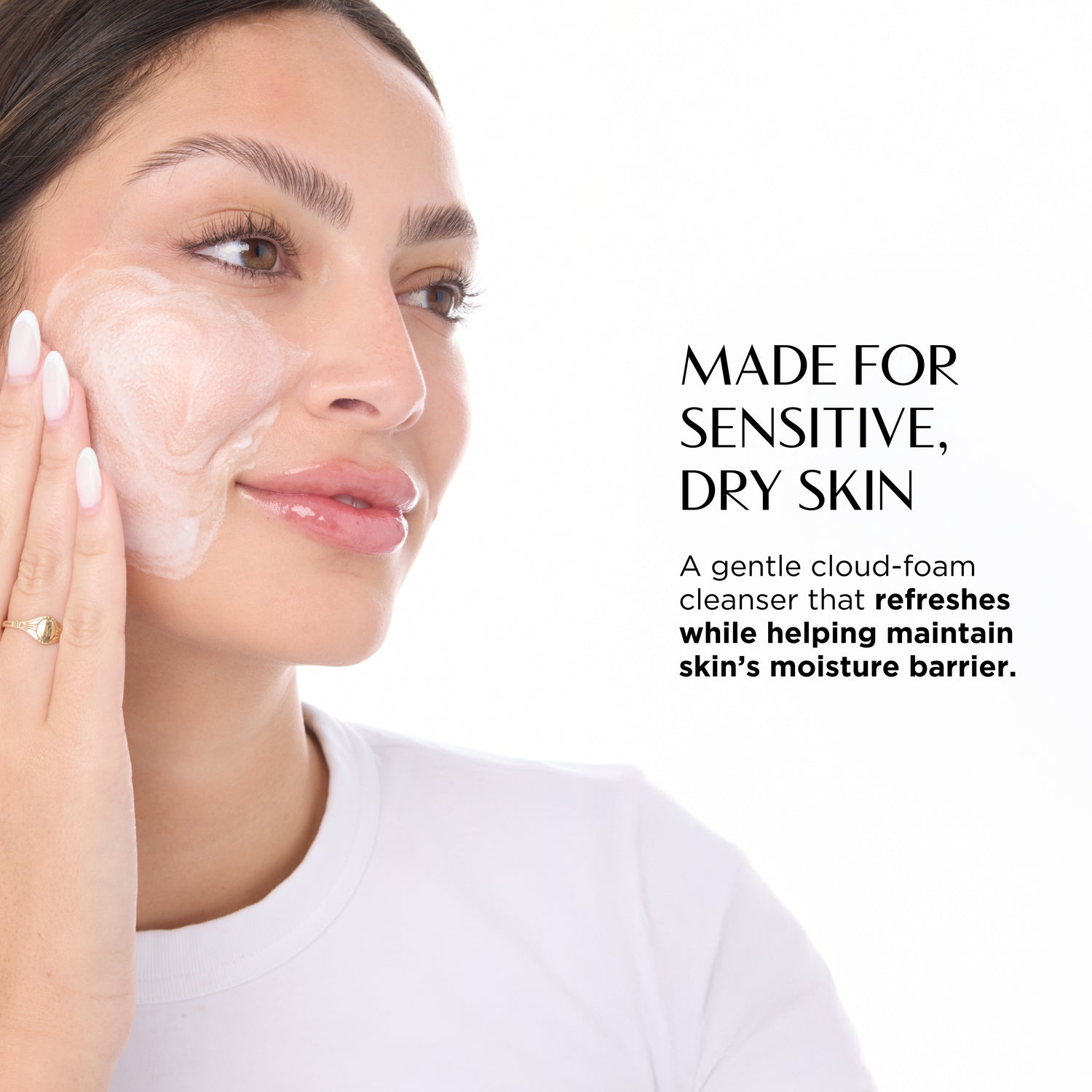 Woman applying a facial cleanser with text about sensitive and dry skin care.
