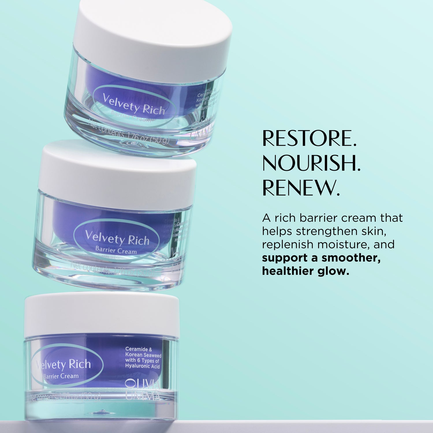 Three jars of Velvety Rich cream on a light blue background with promotional text.