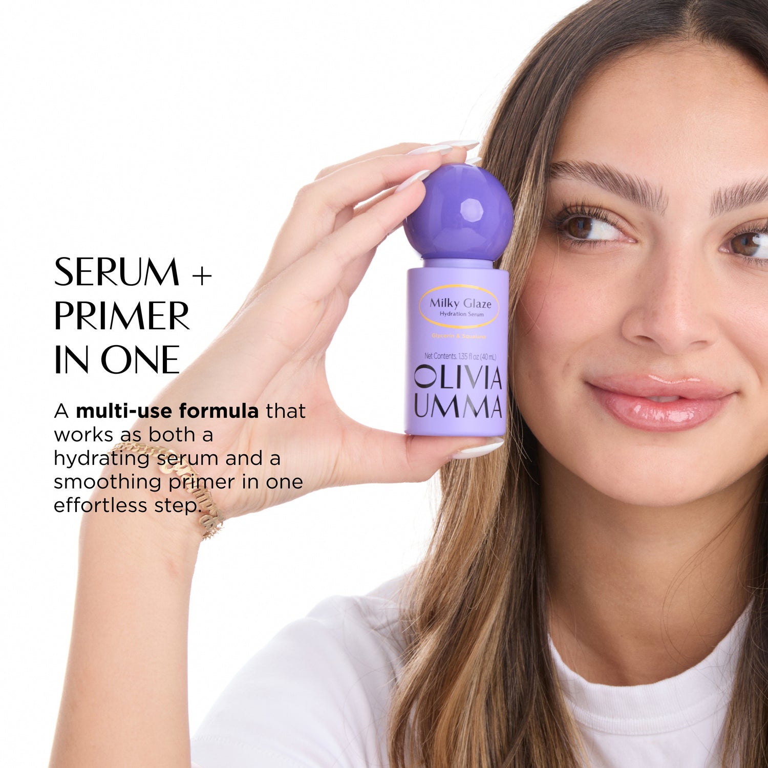 Woman holding a purple bottle labeled 'Olivia Umma' with text about a serum and primer product.