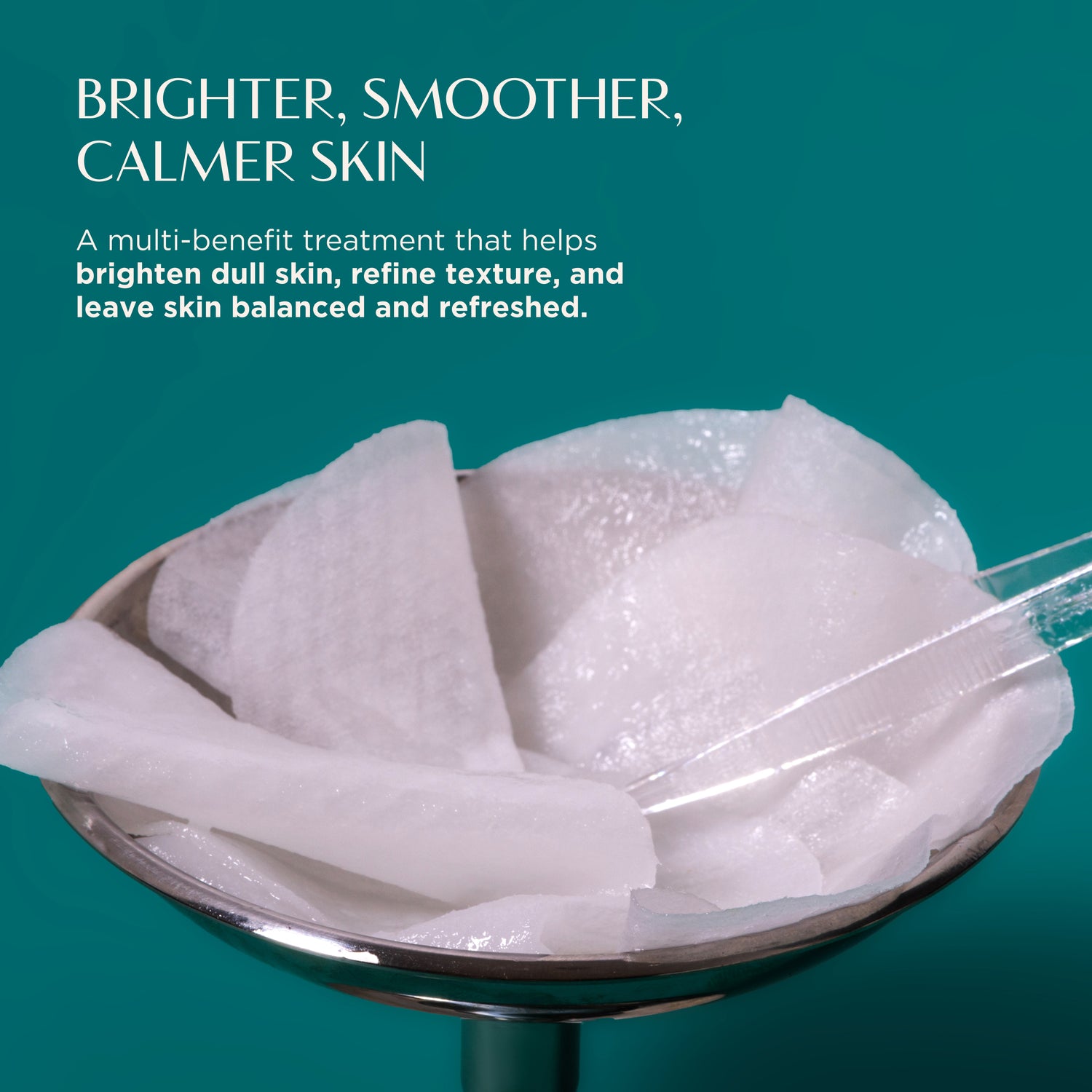 White cotton pads in a dish with text on a teal background