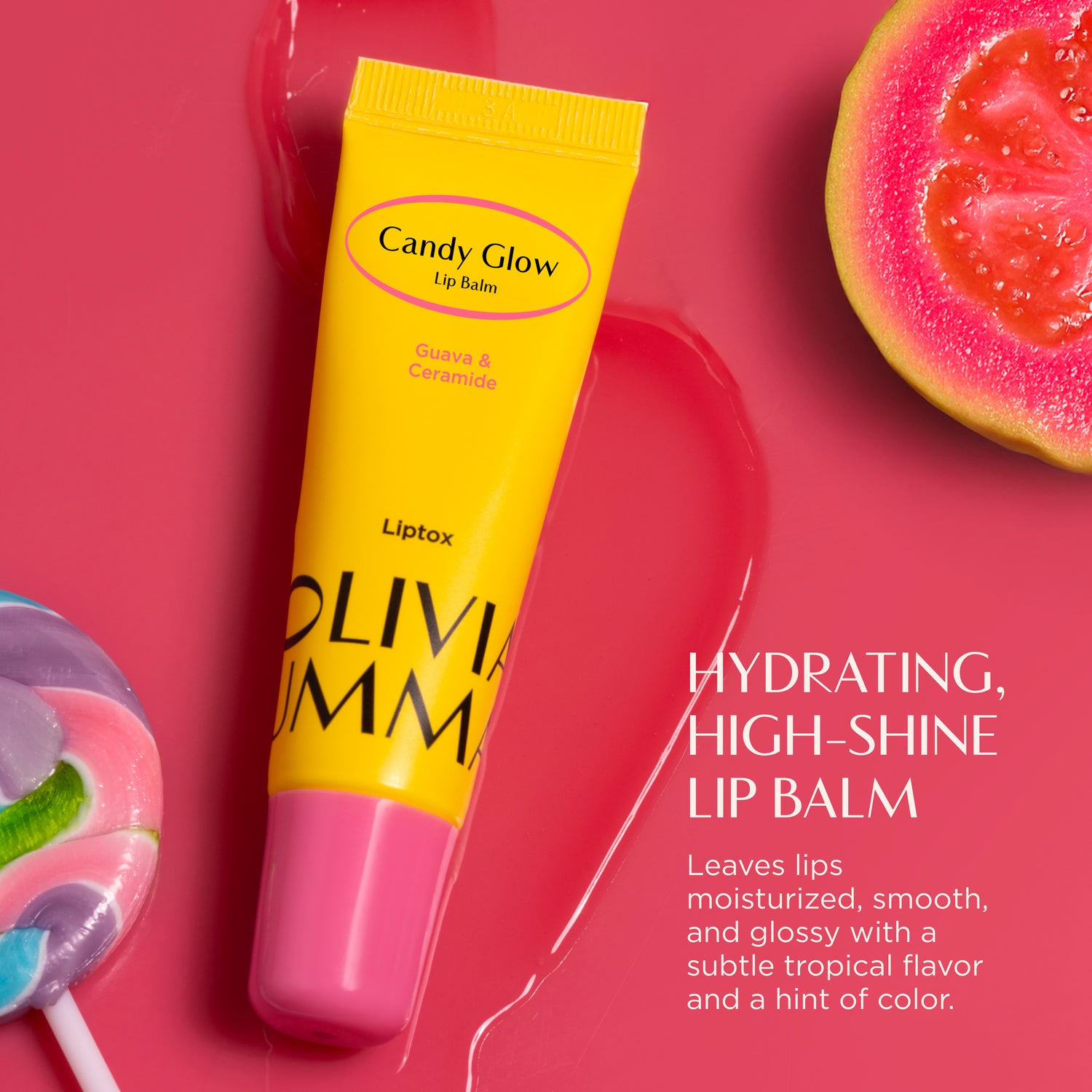 Yellow lip balm tube with pink cap on a pink background, featuring 'Candy Glow' branding.
