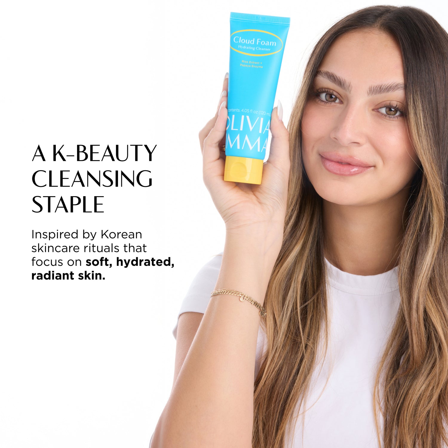 Woman holding a blue cleansing product with text about K-beauty cleansing and Korean skincare.
