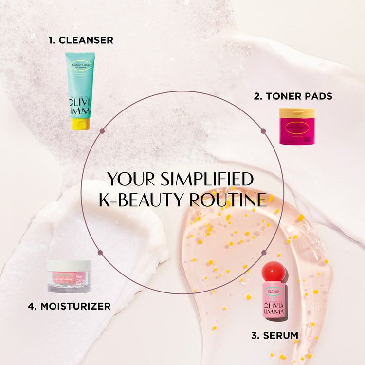 Simplified K-beauty routine with skincare products on a white background