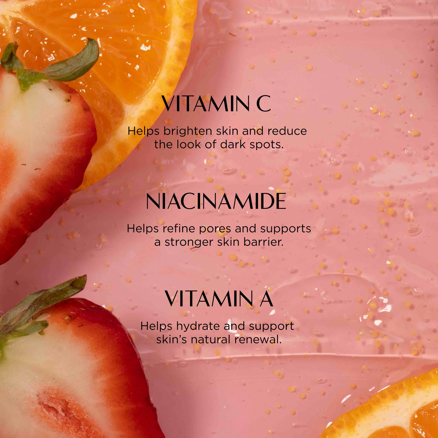 Fruits with text about vitamin benefits on a pink background