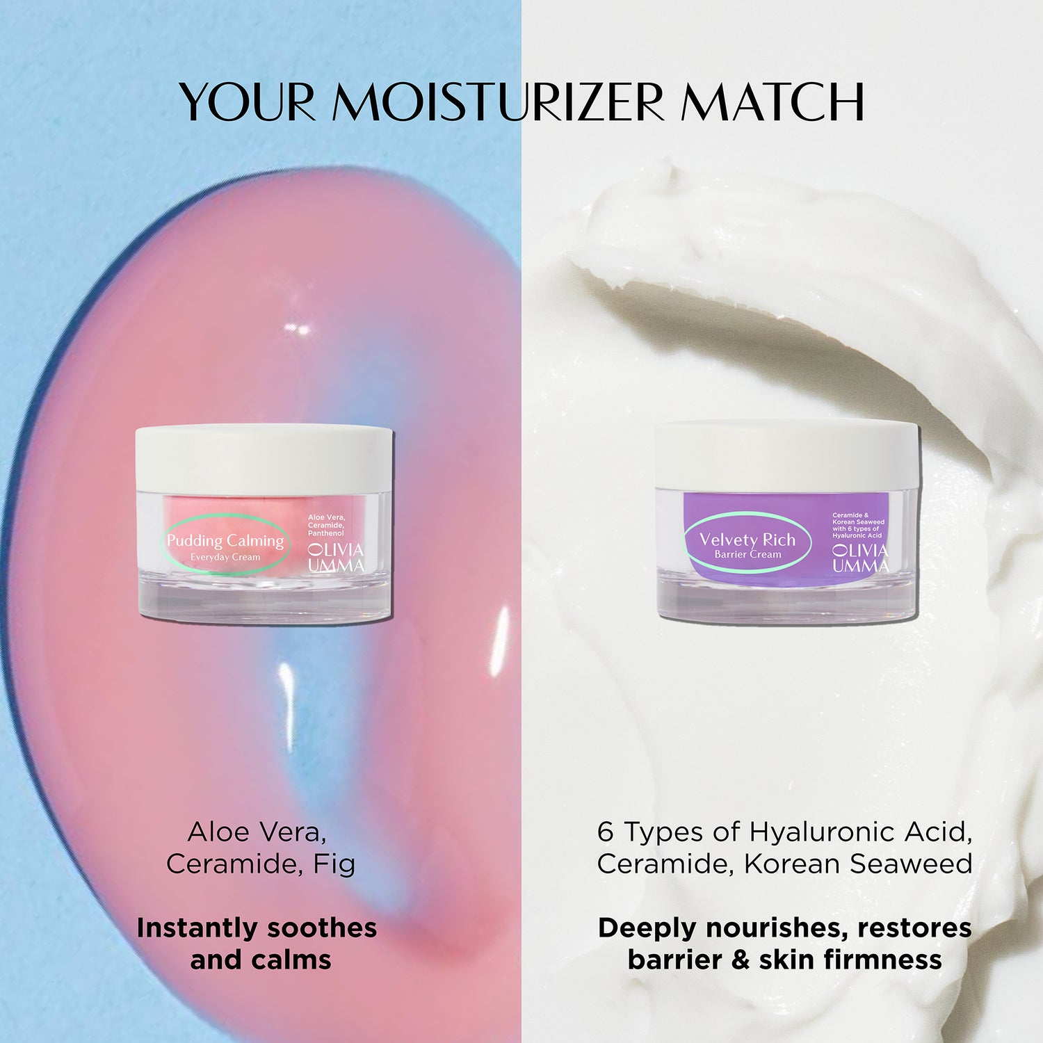 Two skincare jars with text describing their ingredients and benefits on a split background.