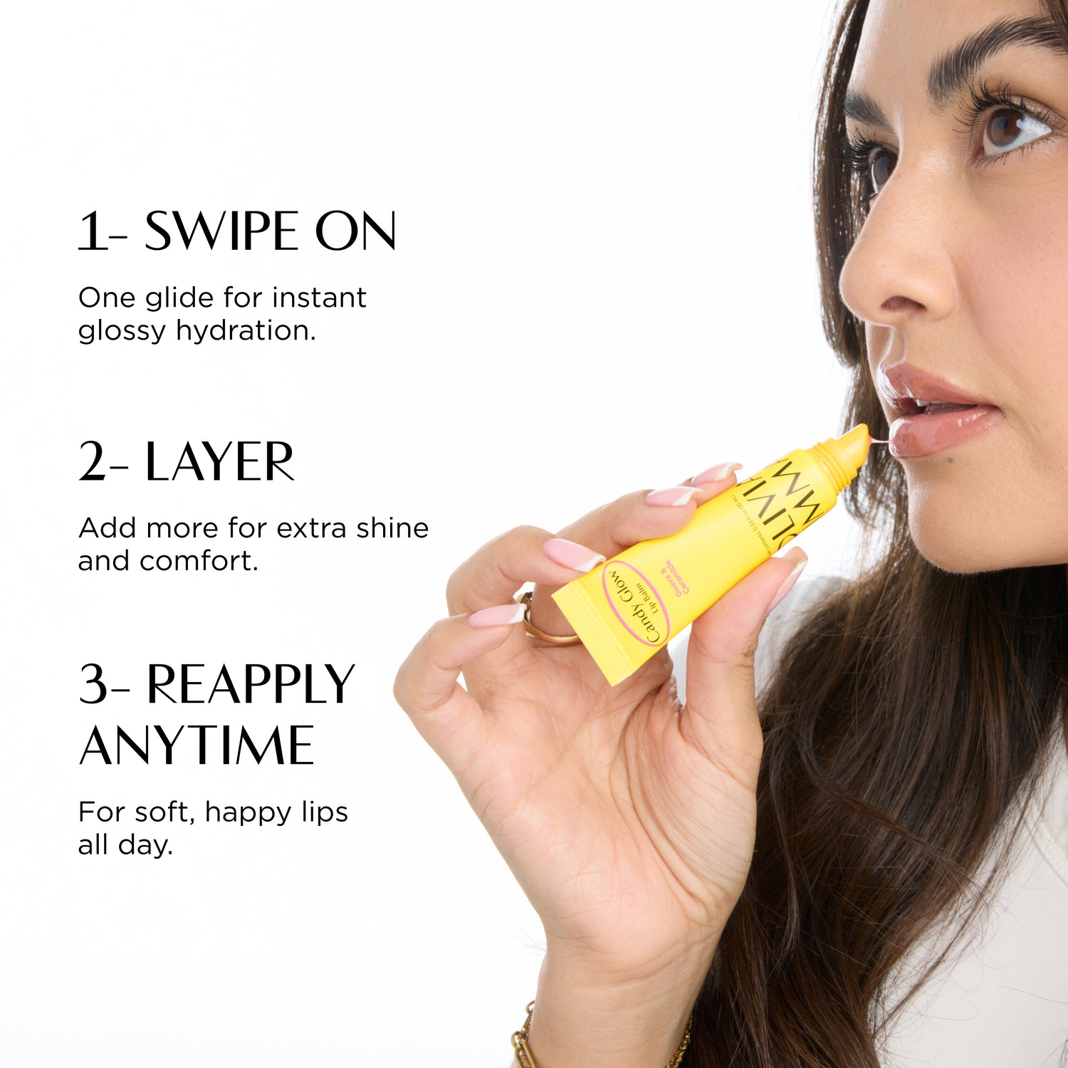 Woman applying yellow lip balm with usage instructions on a white background