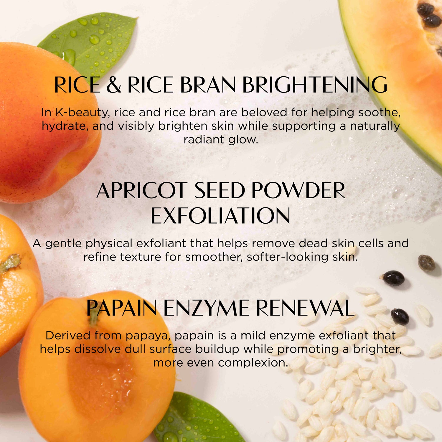 Product display with apricots, rice bran, and apricot seed powder with text about skincare benefits.