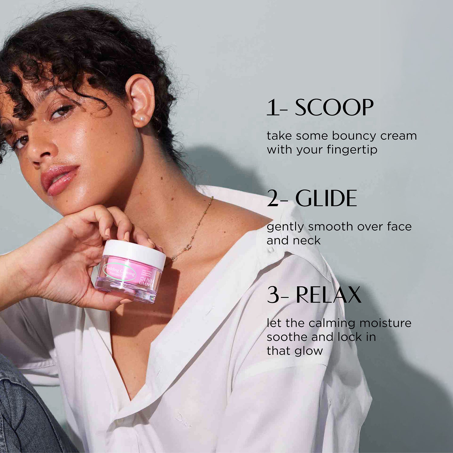 Woman holding a jar of bouncy cream with step-by-step instructions on a light gray background