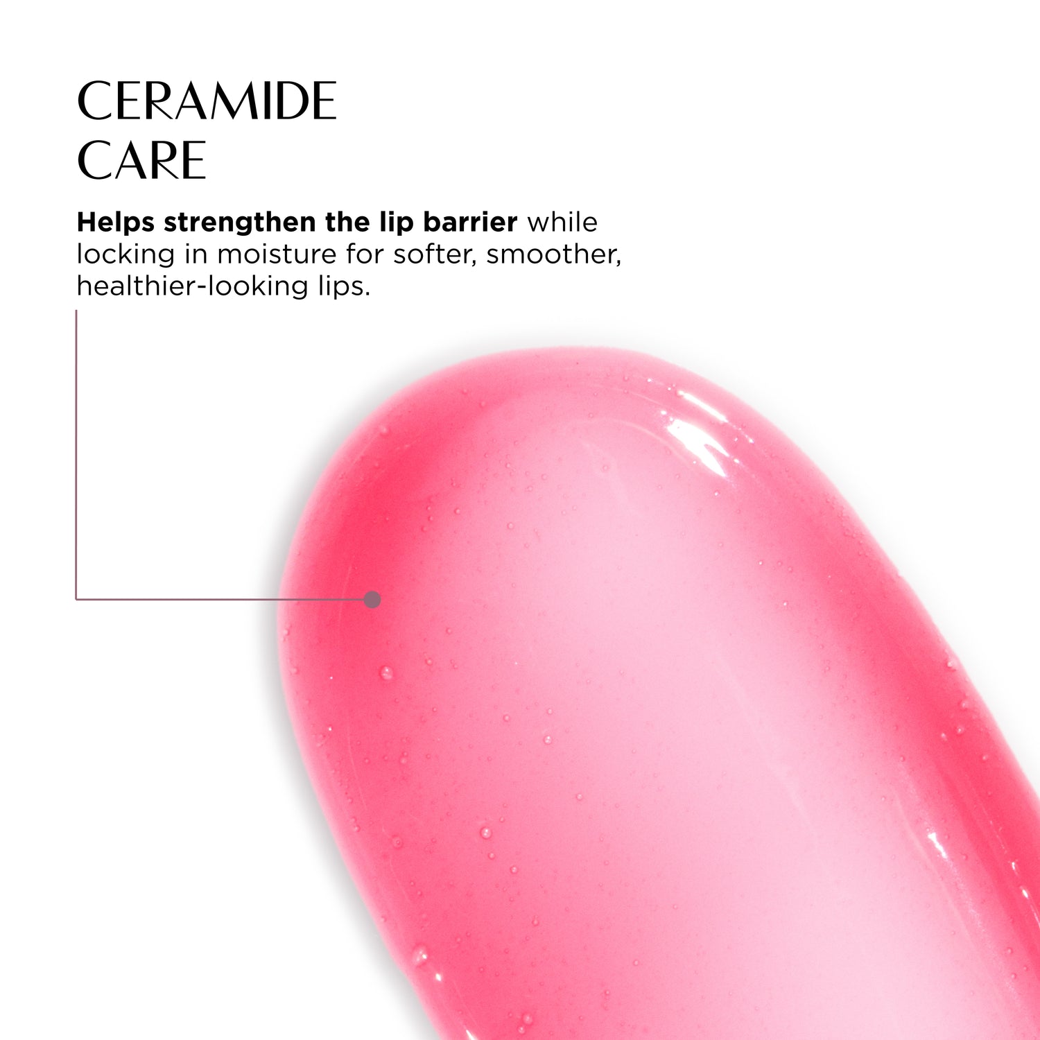 Pink lip balm with text about ceramide care on a white background