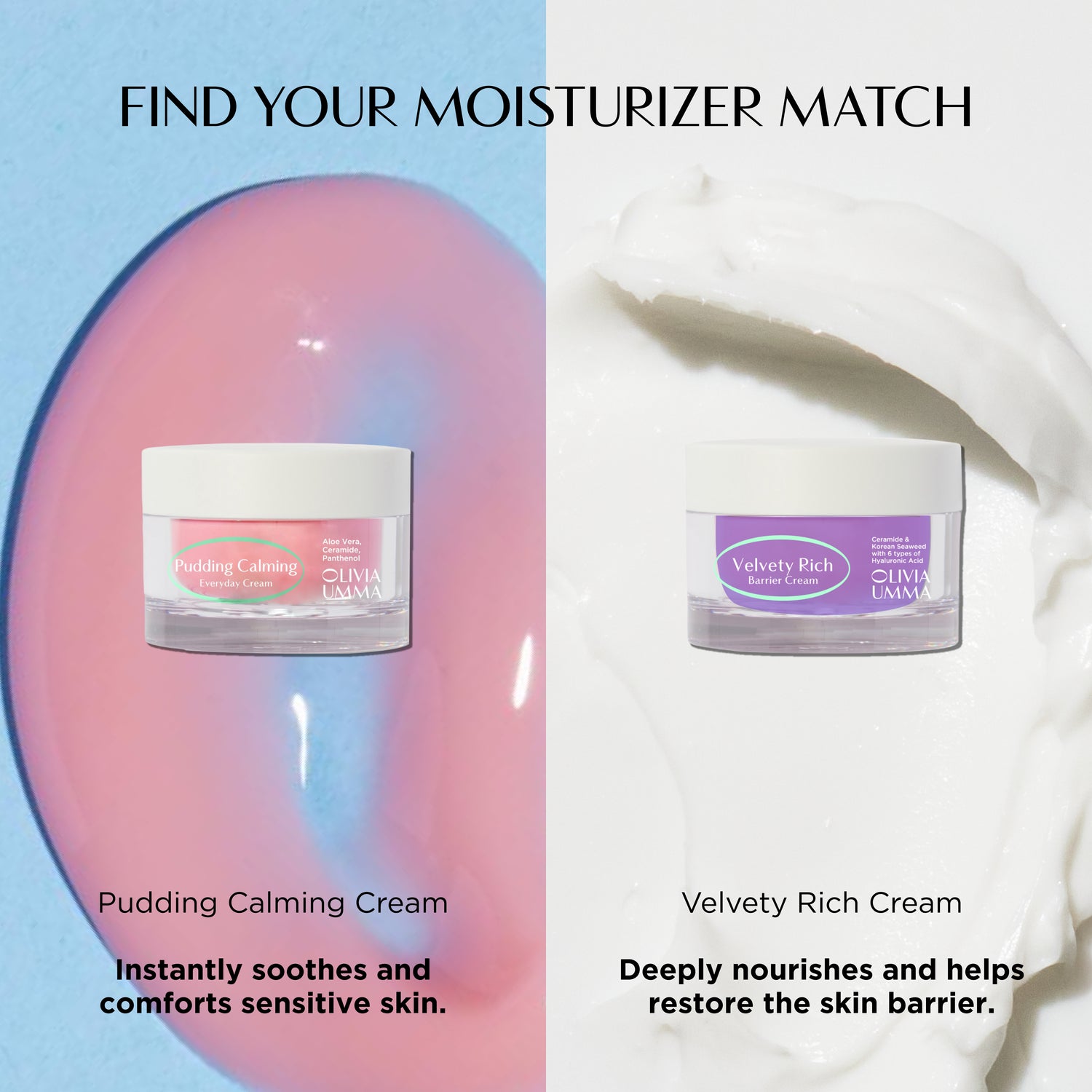 Two jars of different moisturizing creams with text describing their benefits on a split background.