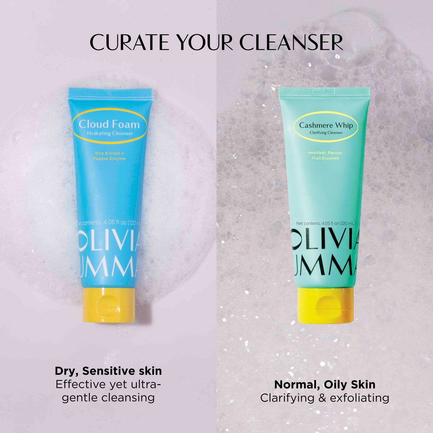 Two tubes of Olivia Umme cleanser with text on a textured background