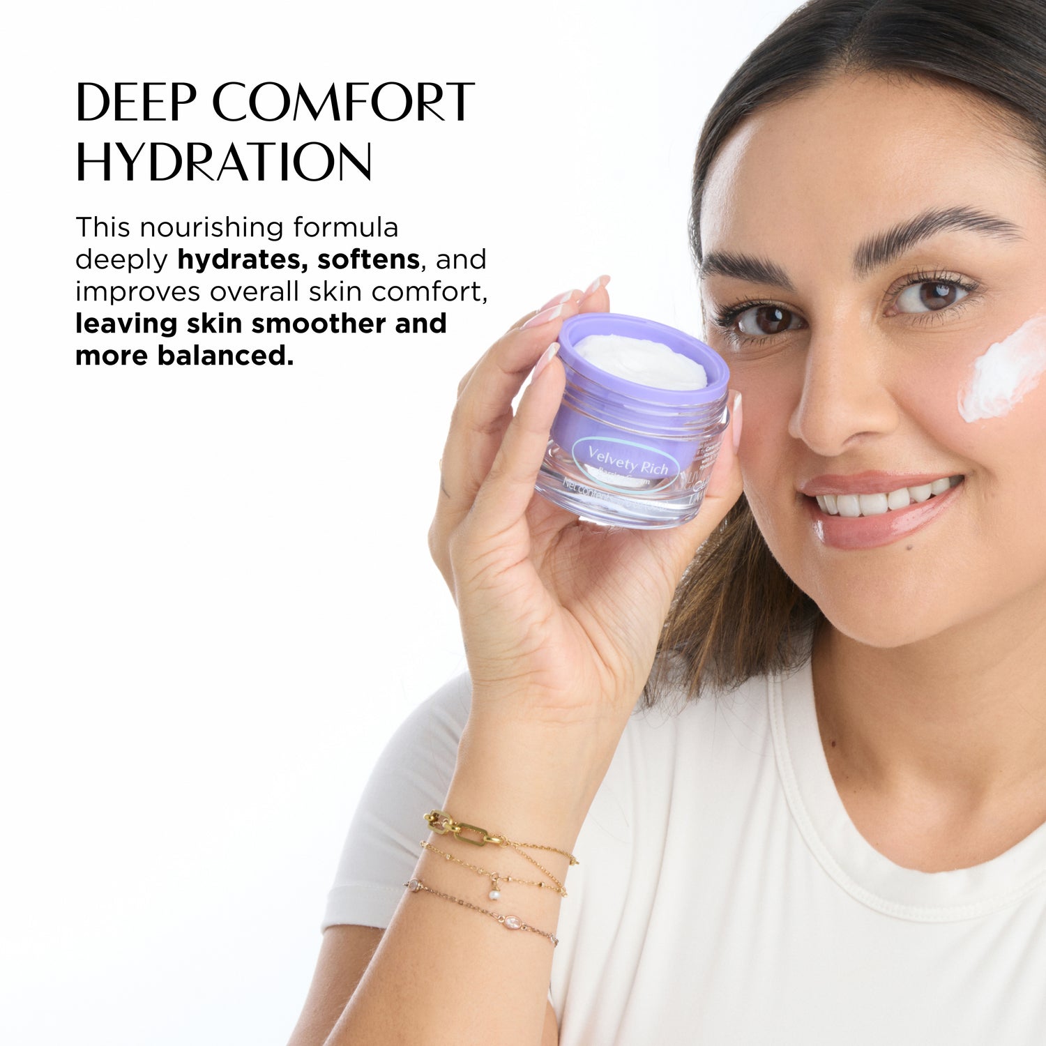 Woman applying cream to her face with a jar of cream, text about deep comfort hydration.