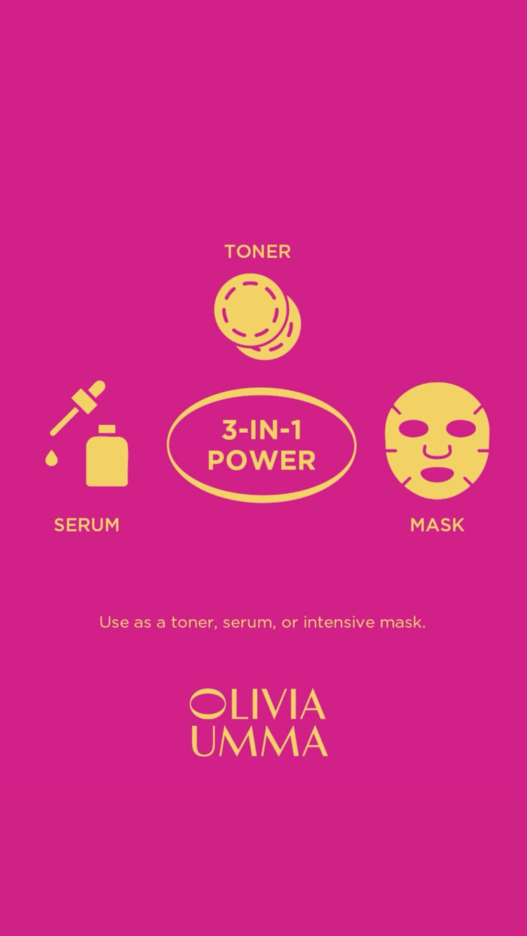 Olivia Umma skincare product packaging with toner, serum, and mask icons on a pink background. Use as a toner, serum, orintenive mask. 3-in-1 power (serum, toner, mask)