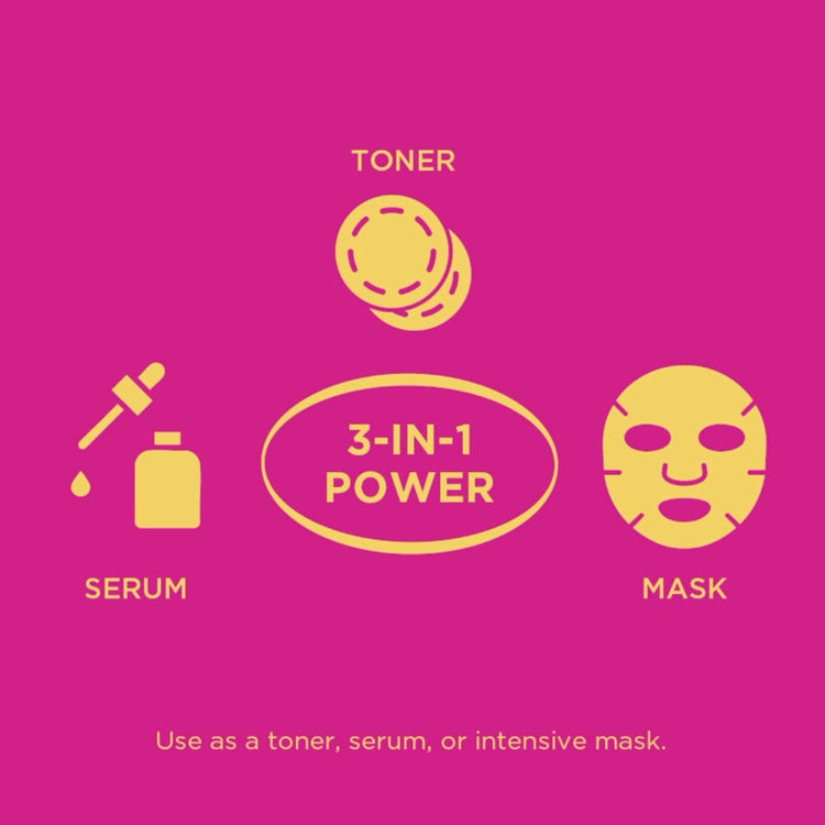 Olivia Umma skincare product packaging with toner, serum, and mask icons on a pink background. Use as a toner, serum, orintenive mask. 3-in-1 power (serum, toner, mask)