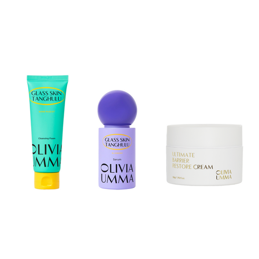 Three skincare products from Oliviaumma, including a cleanser in a green tube, a blueberry serum in a purple bottle, and a barrier restore cream in a white jar, all with branding and product information displayed.