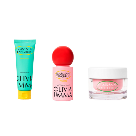 A set of three skincare products from Oliviaumma, including a shine muscat cleanser in a green tube, a multi vitamin serum and Pudding Calming Cream,