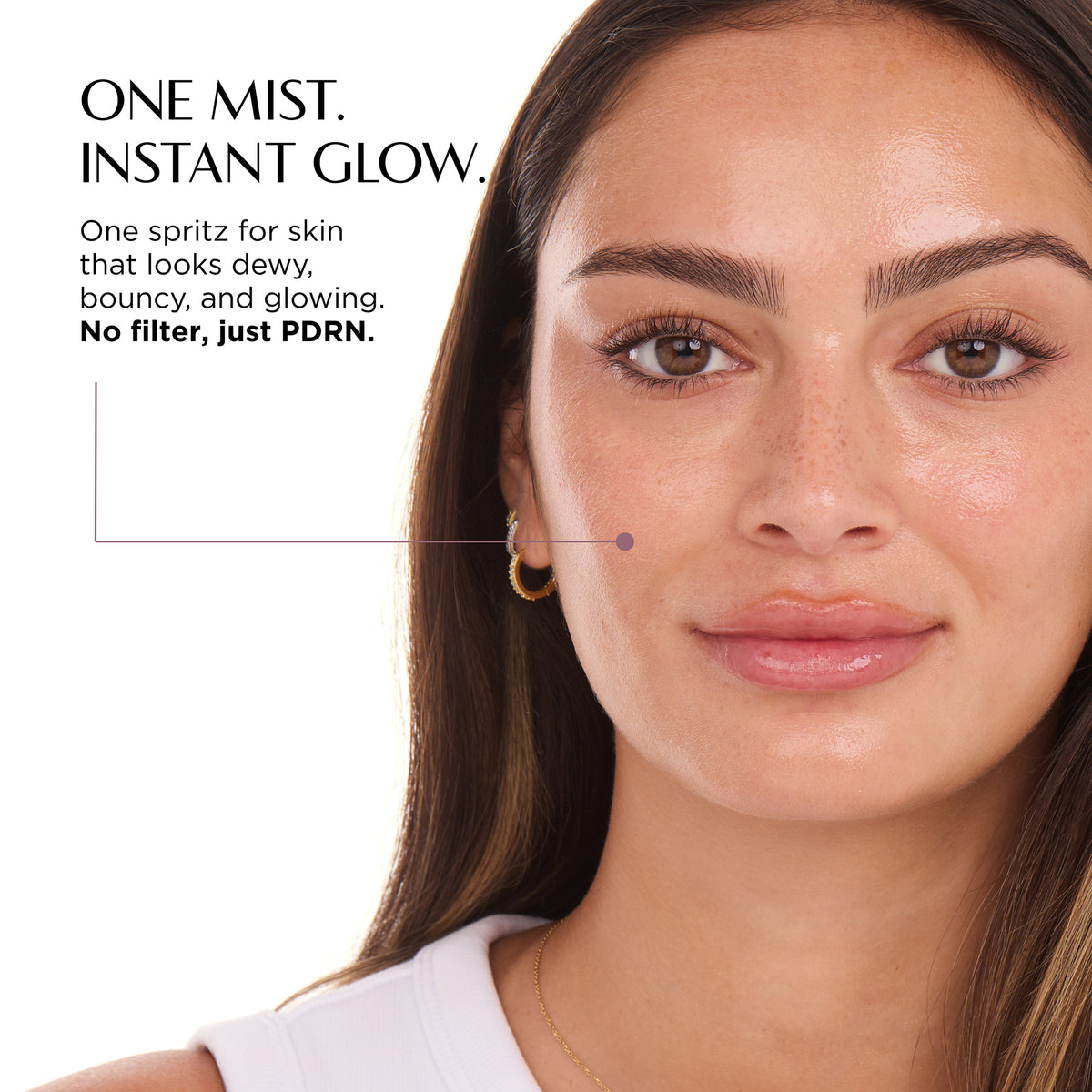 Close-up of a woman's face with text reading 'ONE MIST. INSTANT GLOW.