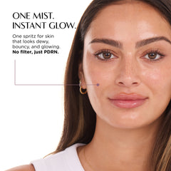 Close-up of a woman's face with text reading 'ONE MIST. INSTANT GLOW.