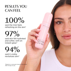 A woman holds PDRN Skin Toning Mist while text on the left reads 'RESULTS YOU CAN FEEL' with positive skin-result claims.