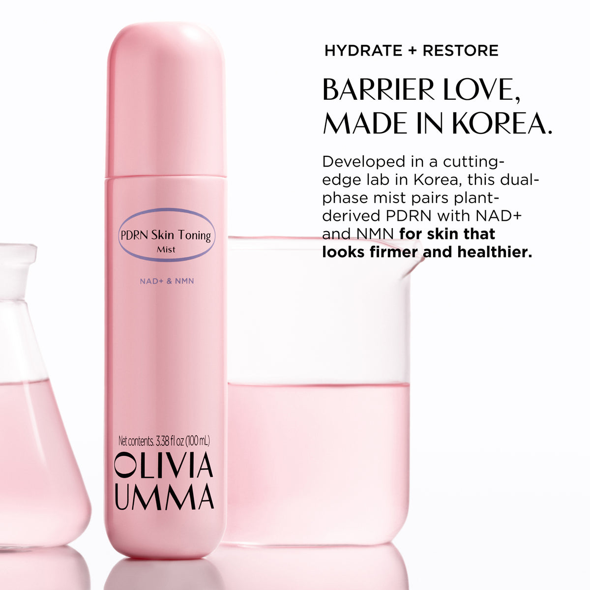 Olivia Umma PDRN Skin Toning Mist in a light pink bottle, shown alongside two glass beakers containing pink liquid on a white background with Barrier love, Made in Korea.
