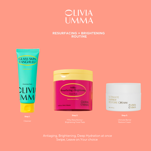 Three cosmetic products (cleanser, Milky Resurfacing + Brightening Toner Pads, 
ULTIMATE BARRIER RESTORE CREAM ) from Oliviaumma on a peach background