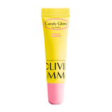 Yellow lip balm tube with pink cap on a white background