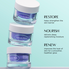 Three jars of Velety Rich Barrier Cream on a light blue background with text describing benefits.