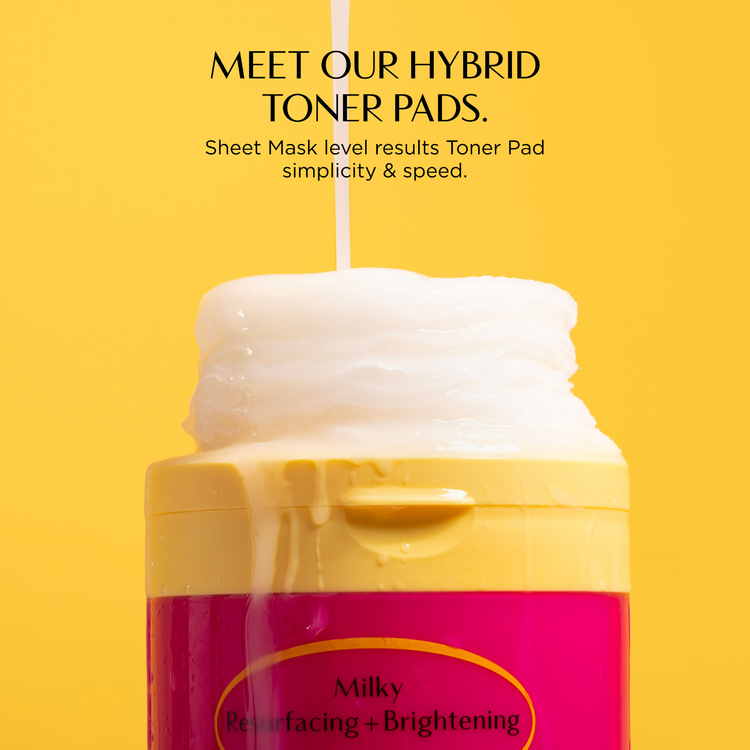 Hybrid toner pad with pink and yellow packaging on a yellow background