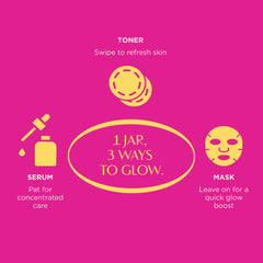 Skincare product packaging with icons and text on a pink background
