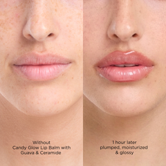 Before and after comparison of lips with Candy Glow Lip Balm on a beige background.