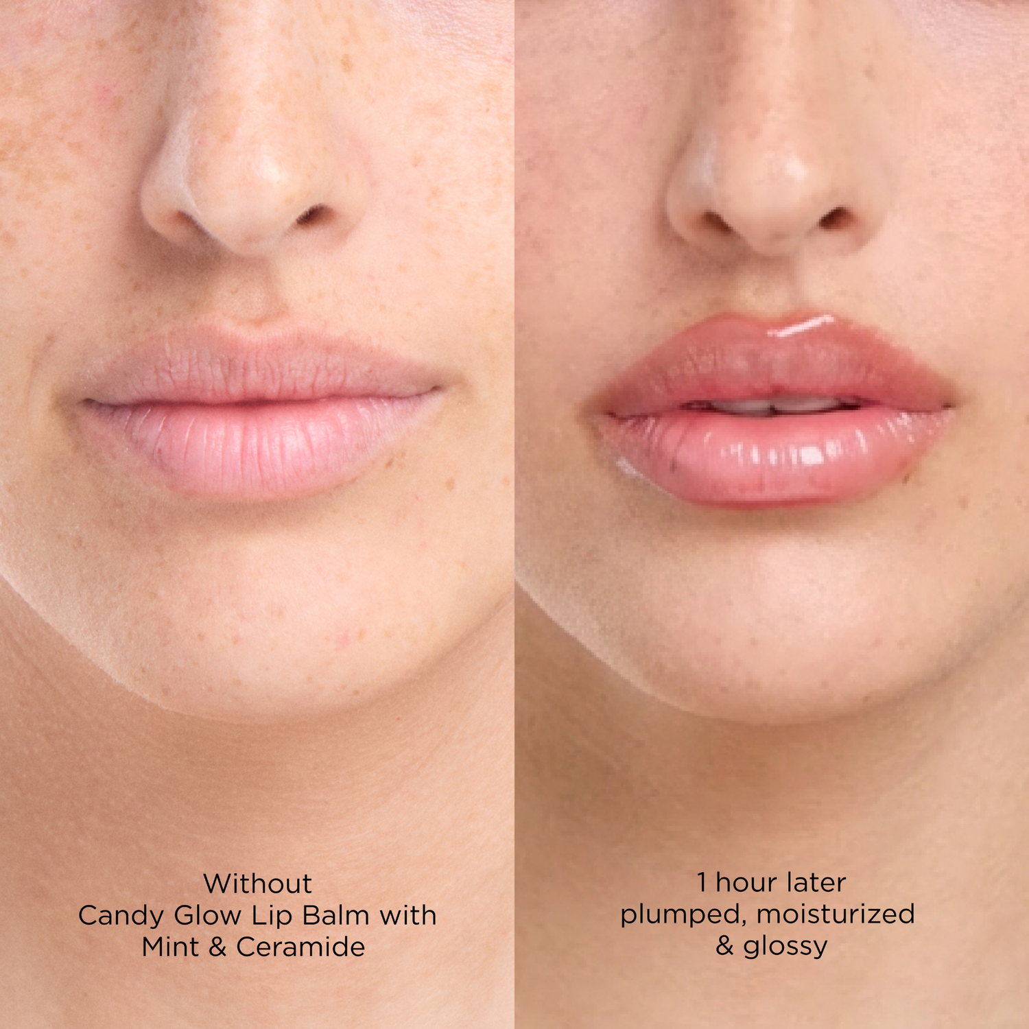 Before and after comparison of lips with Candy Glow Lip Balm
