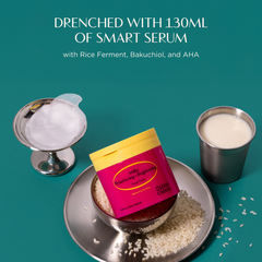 Product packaging with rice ferment, bakuchiol, and AHA on a teal background