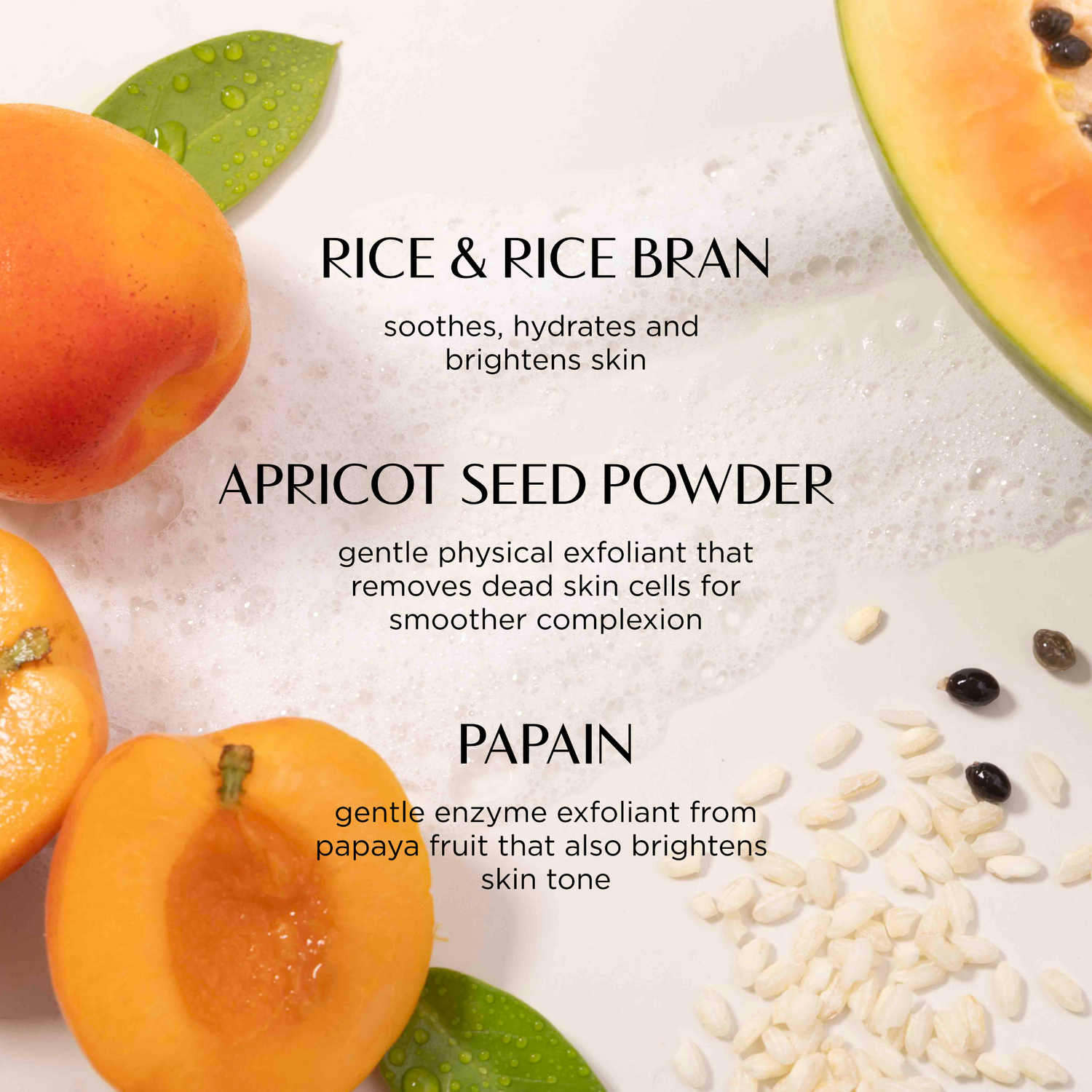 Display of apricots, rice bran, and apricot seed powder with text on a light background