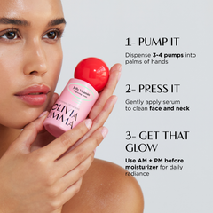 Woman holding a pink serum bottle with application instructions on a light gray background