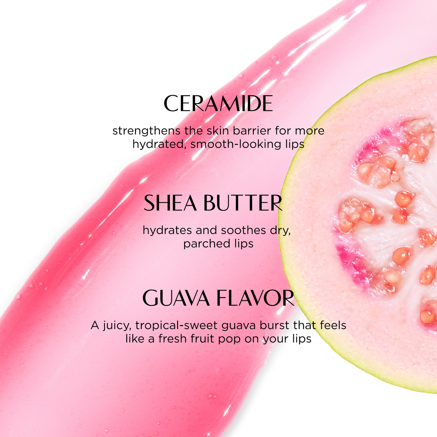 Lip balm packaging with guava flavor description and ingredients listed.