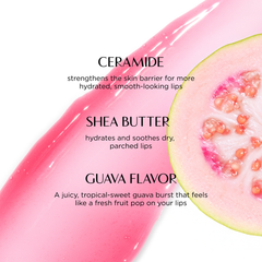 Lip balm packaging with guava flavor description and ingredients listed.